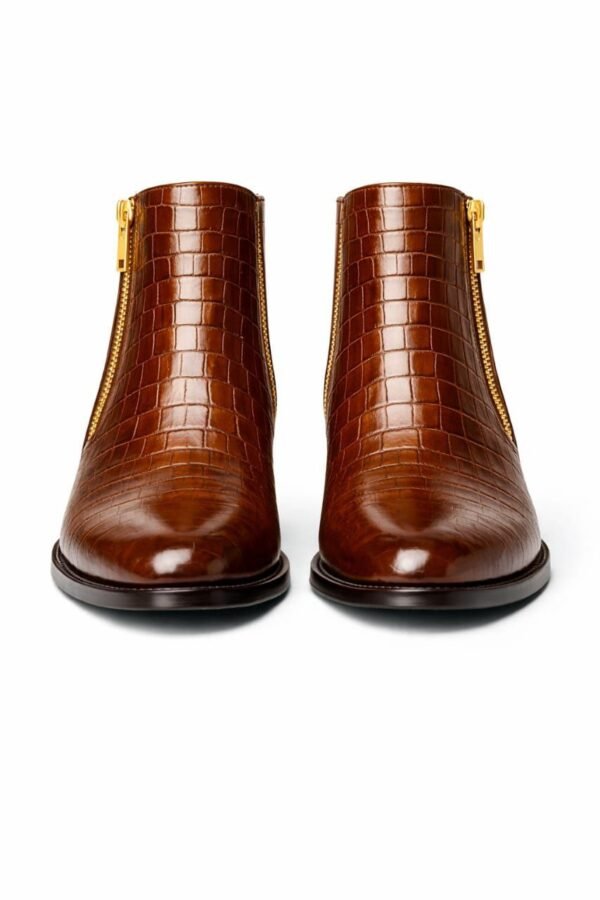Brown Croc-Embossed Side-Zip Boots